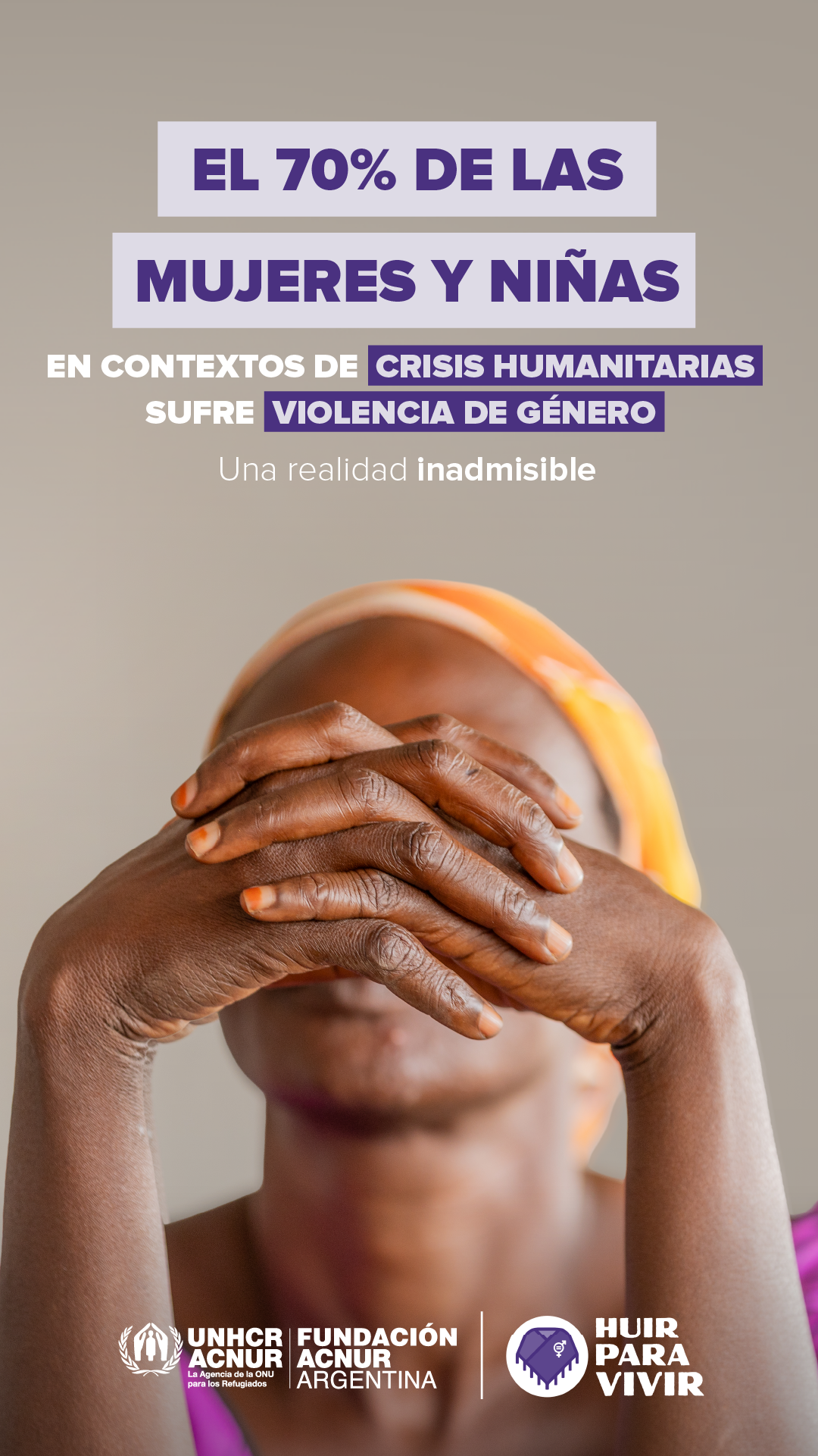 Infografía con fondo liso y texto: El 70% de las mujeres y niñas en contextos de crisis humanitarias sufre violencia de género, una realidad inadmisible.