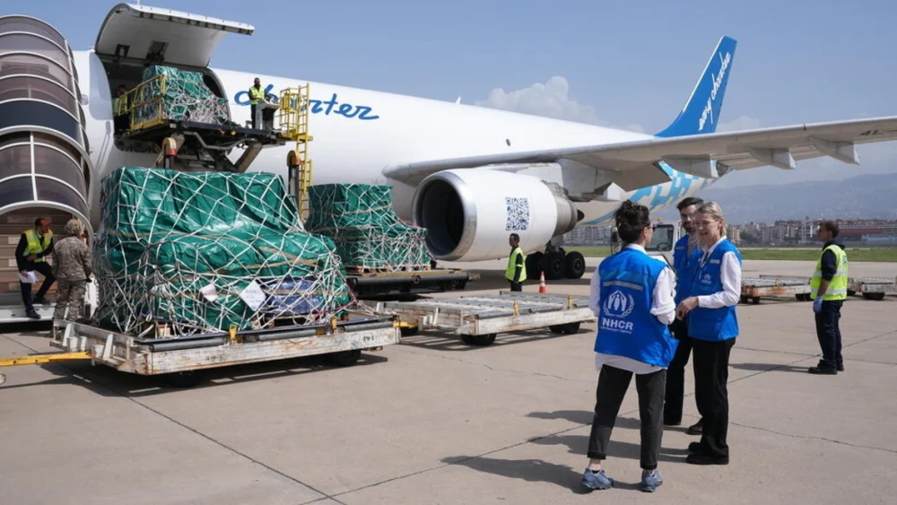Cargo pallets wrapped in green nets being loaded into a large airplane at the gate, with ground crew and forklift on the tarmac.