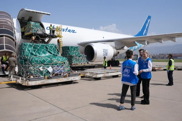 Cargo pallets wrapped in green nets being loaded into a large airplane at the gate, with ground crew and forklift on the tarmac.